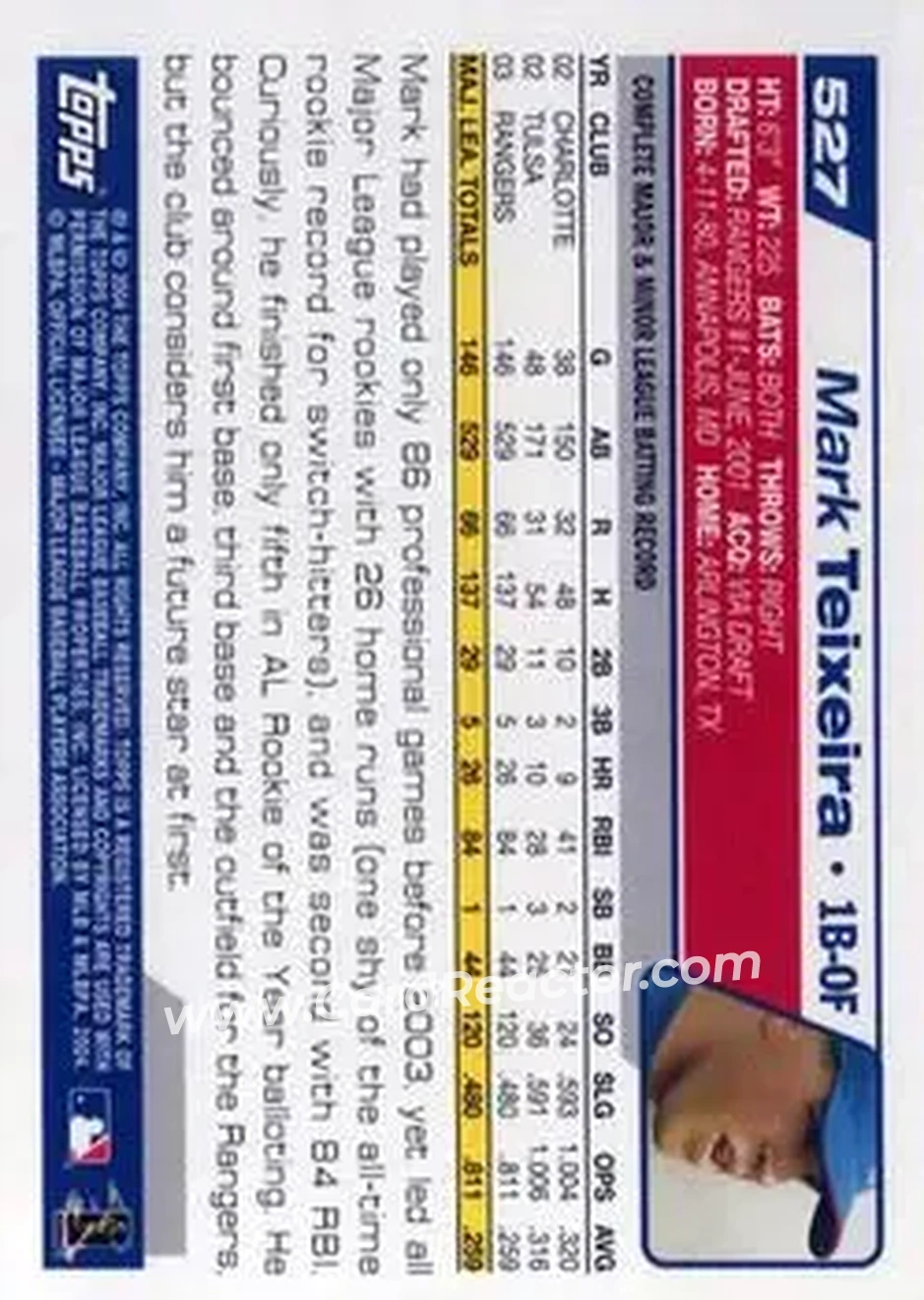 2004 Topps #527 - Mark Teixeira - Texas Rangers - Back 2004 Topps #527 - Mark Teixeira - Texas Rangers - Back