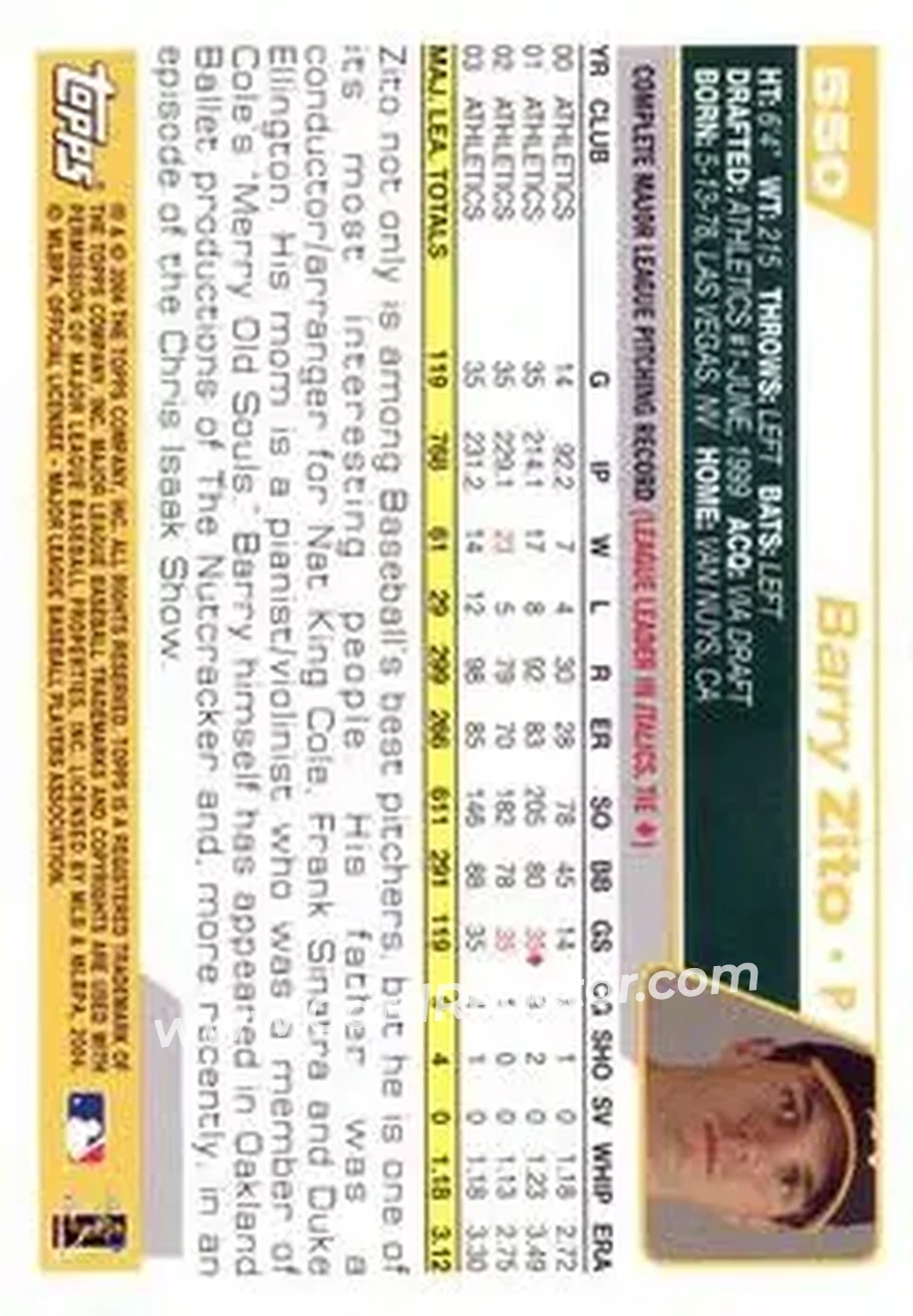 2004 Topps #550 - Barry Zito - Oakland Athletics - Back
