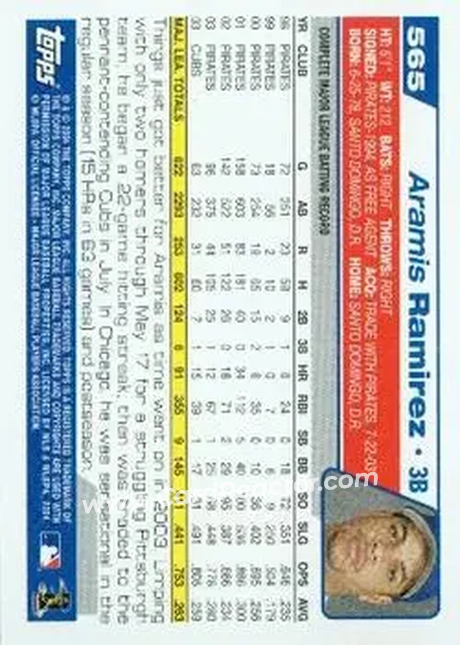 2004 Topps #565 - Aramis Ramirez - Chicago Cubs - Back