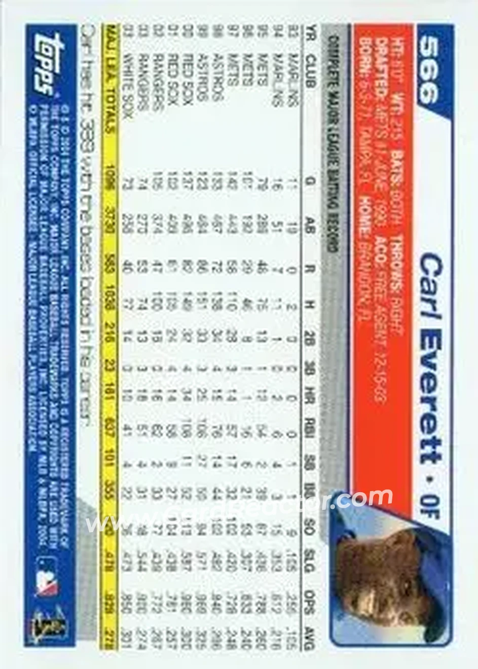 2004 Topps #566 - Carl Everett - Montreal Expos - Back