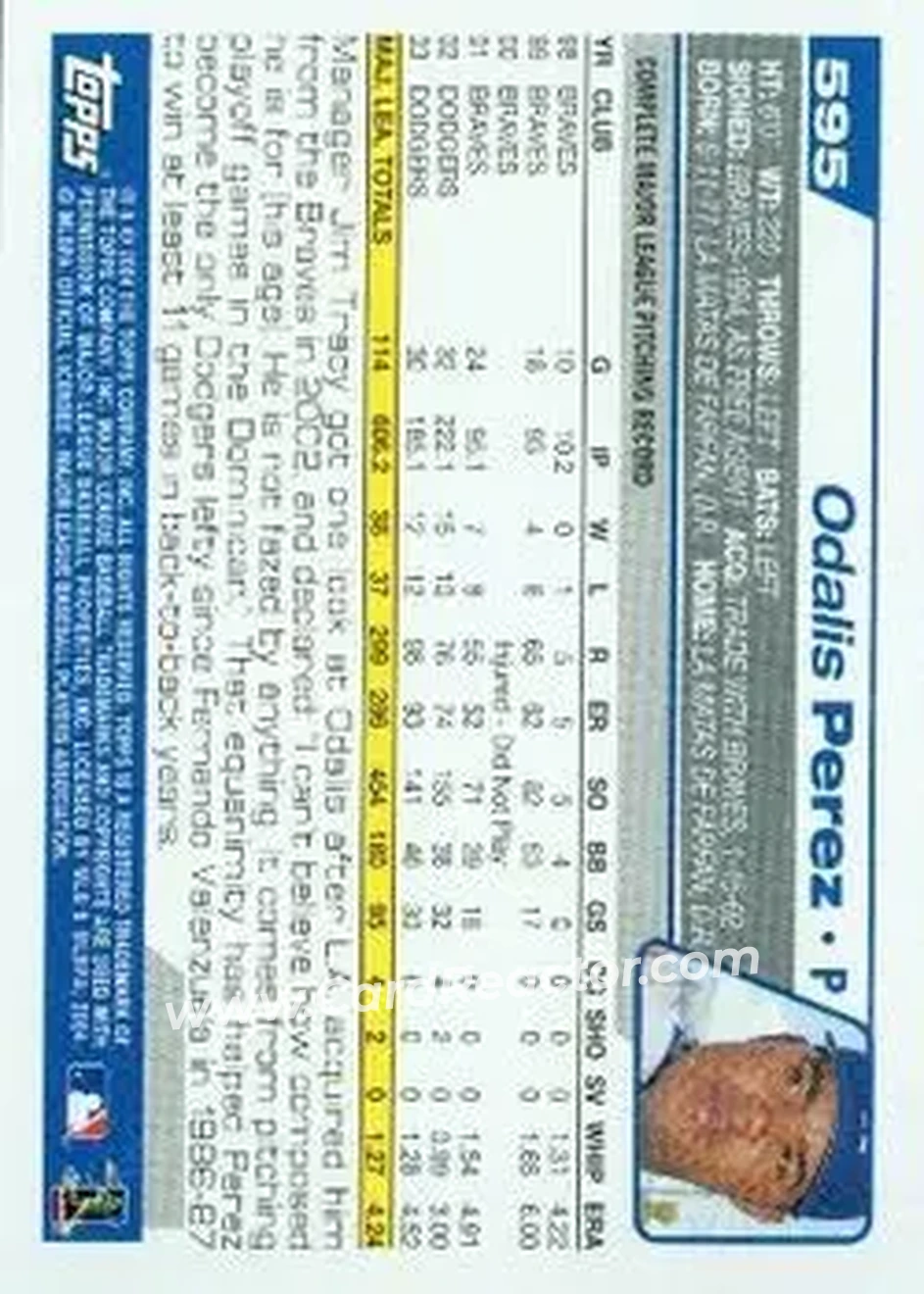 2004 Topps #595 - Odalis Perez - Los Angeles Dodgers - Back