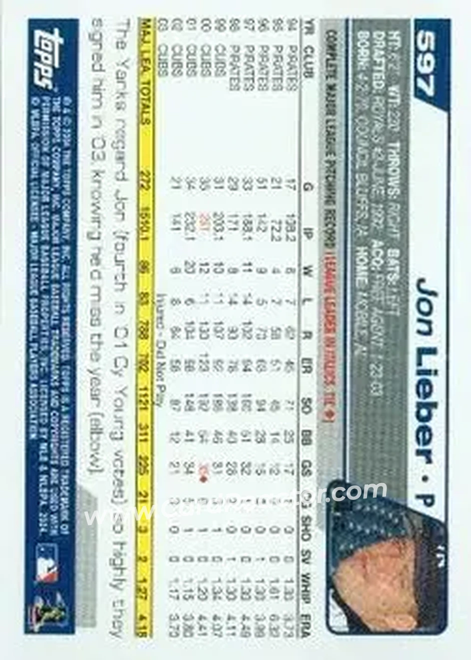 2004 Topps #597 - Jon Lieber - New York Yankees - Back