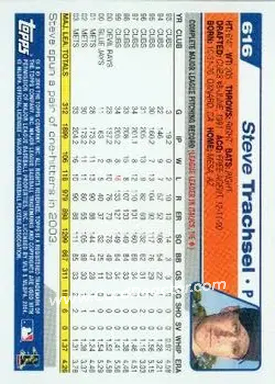 2004 Topps #616 - Steve Trachsel - New York Mets - Back
