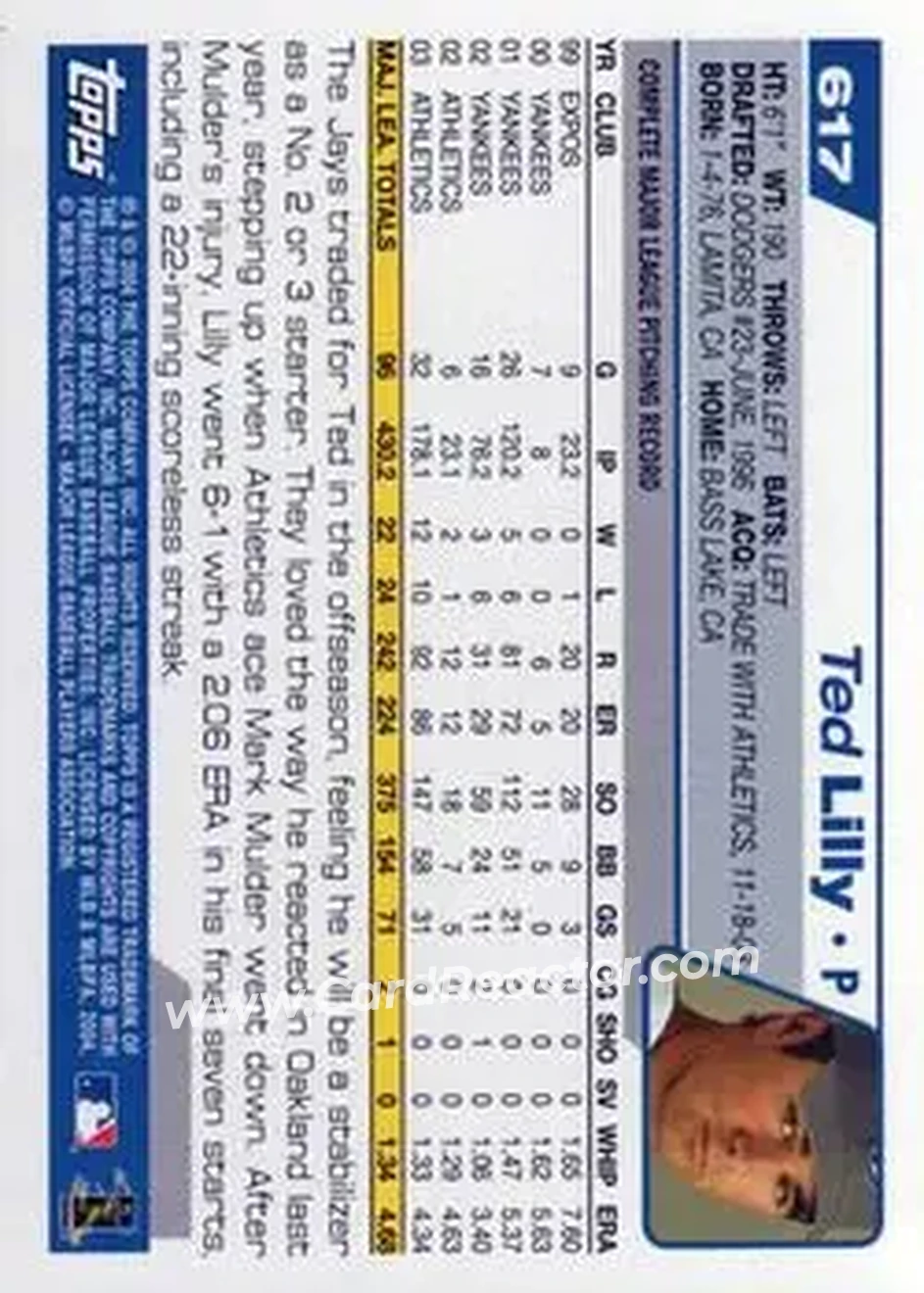 2004 Topps #617 - Ted Lilly - Toronto Blue Jays - Back 2004 Topps #617 - Ted Lilly - Toronto Blue Jays - Back