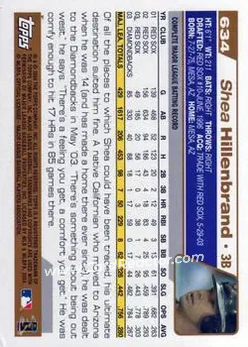 2004 Topps #634 - Shea Hillenbrand - Arizona Diamondbacks - Back