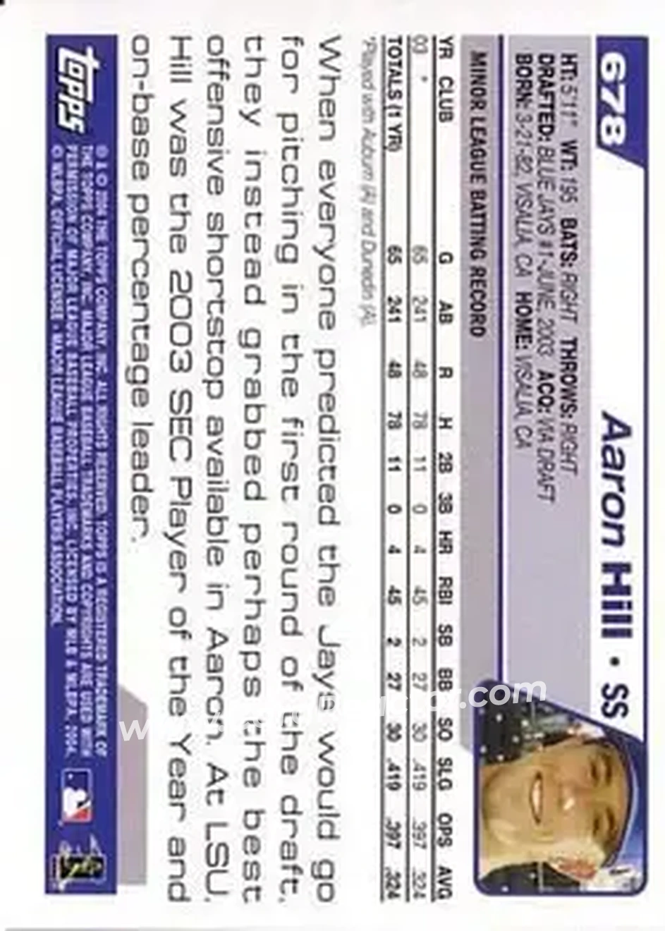 2004 Topps #678 - Aaron Hill - Toronto Blue Jays - Back