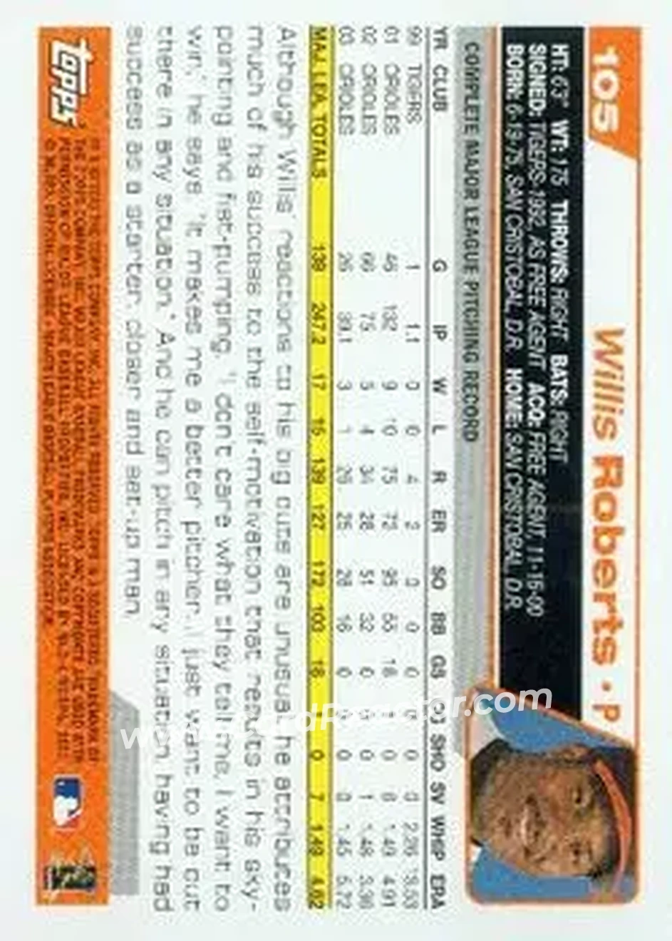 2004 Topps #105 - Willis Roberts - Baltimore Orioles - Back