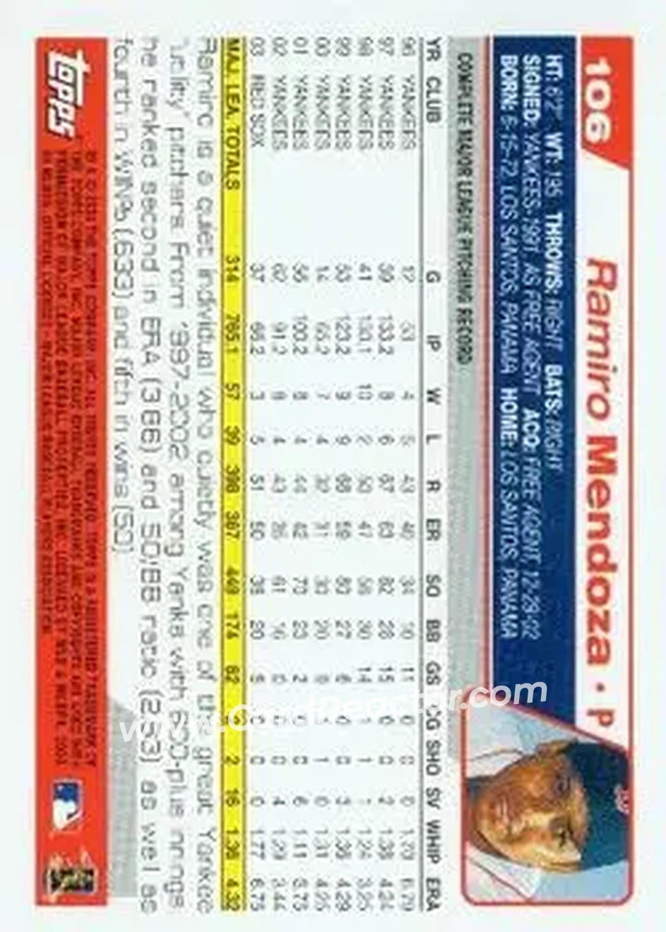 2004 Topps #106 - Ramiro Mendoza - Boston Red Sox - Back