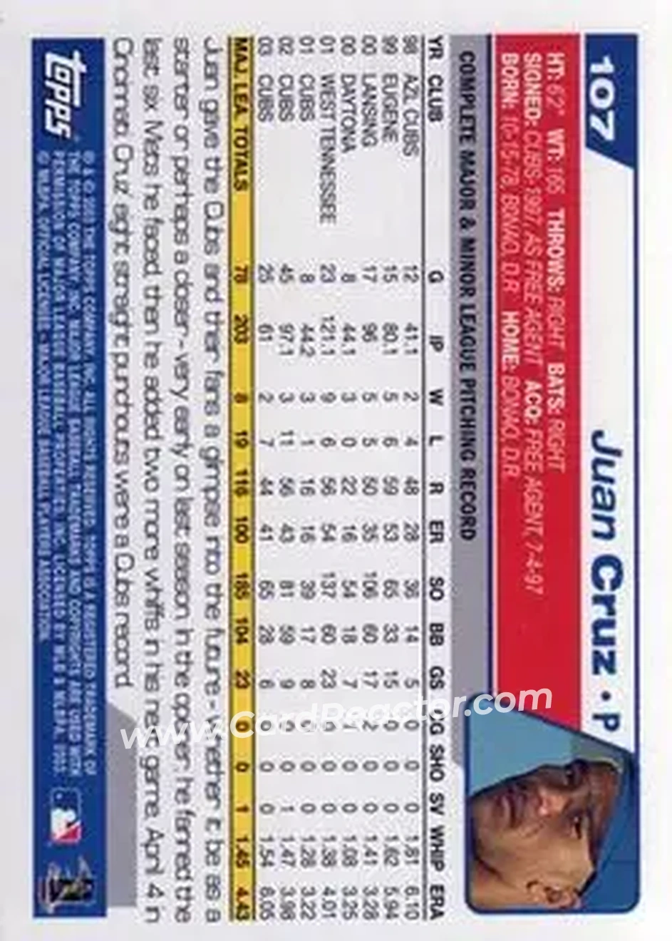 2004 Topps #107 - Juan Cruz - Chicago Cubs - Back