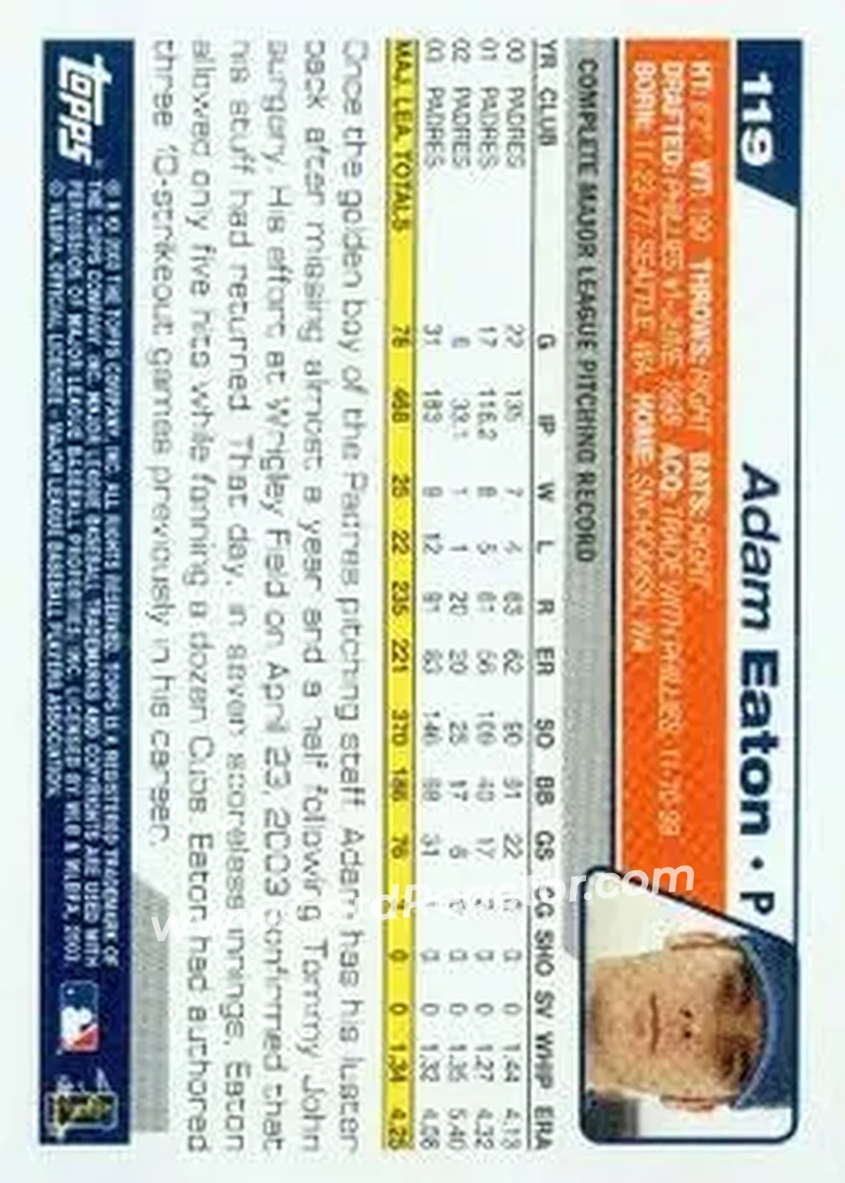 2004 Topps #119 - Adam Eaton - San Diego Padres - Back