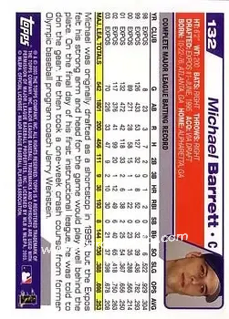 2004 Topps #132 - Michael Barrett - Montreal Expos - Back