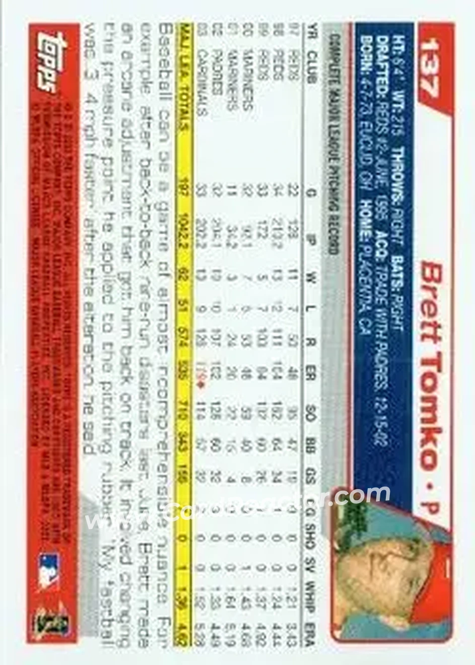2004 Topps #137 - Brett Tomko - St. Louis Cardinals - Back 2004 Topps #137 - Brett Tomko - St. Louis Cardinals - Back