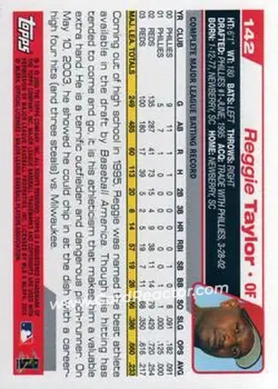 2004 Topps #142 - Reggie Taylor - Cincinnati Reds - Back