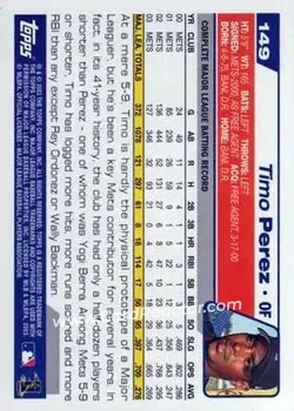 2004 Topps #149 - Timo Perez - New York Mets - Back