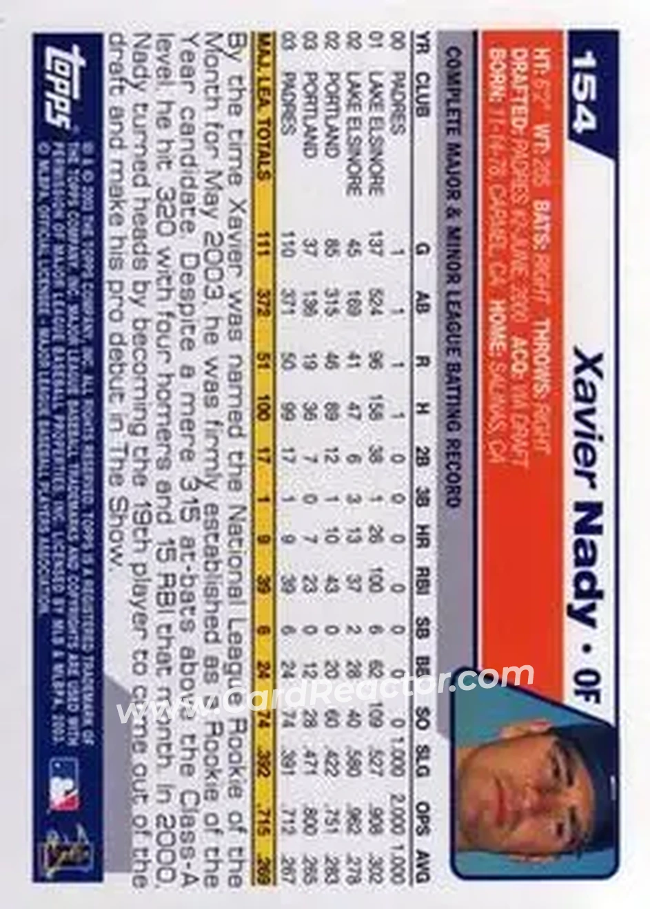 2004 Topps #154 - Xavier Nady - San Diego Padres - Back