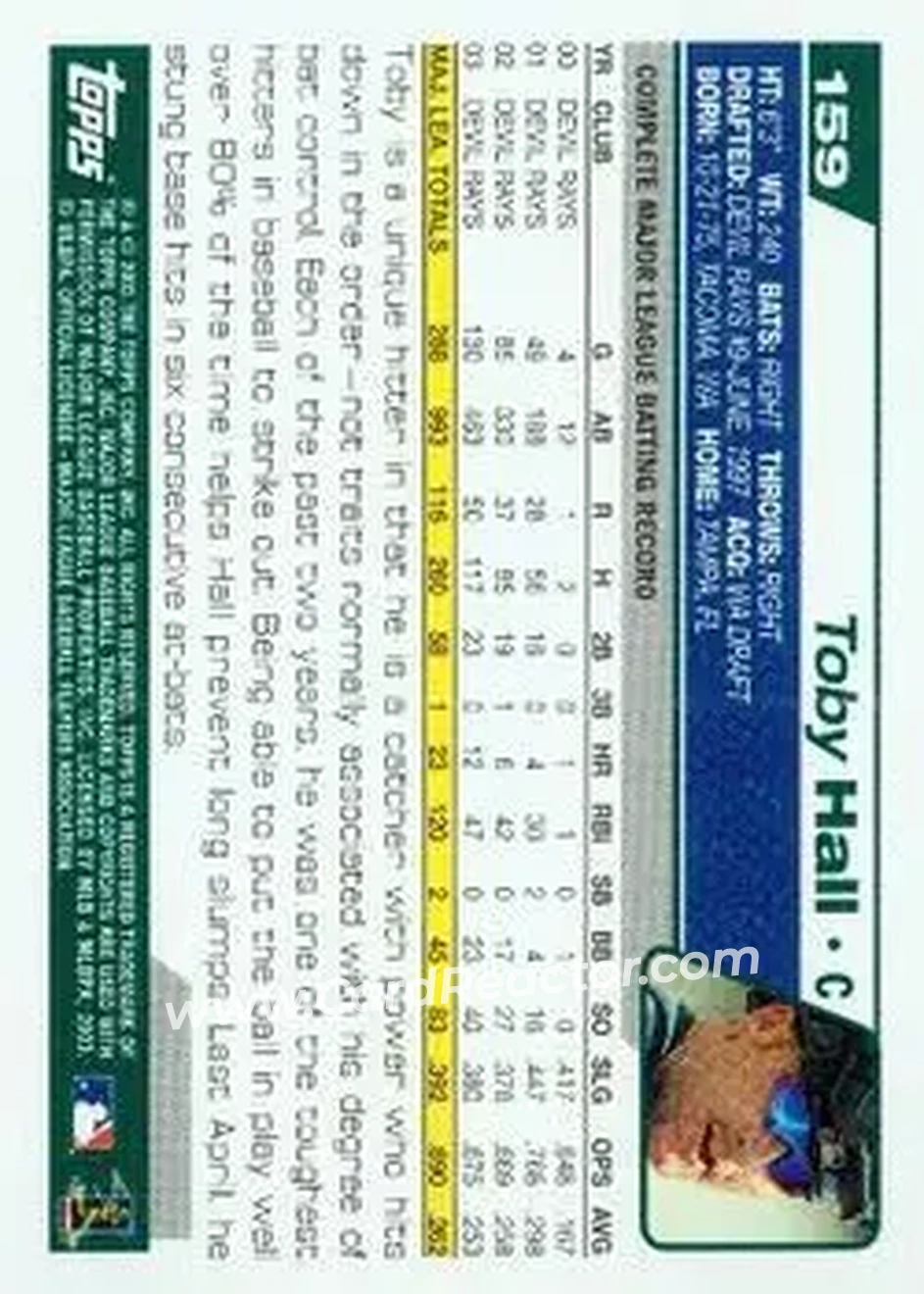 2004 Topps #159 - Toby Hall - Tampa Bay Devil Rays - Back 2004 Topps #159 - Toby Hall - Tampa Bay Devil Rays - Back
