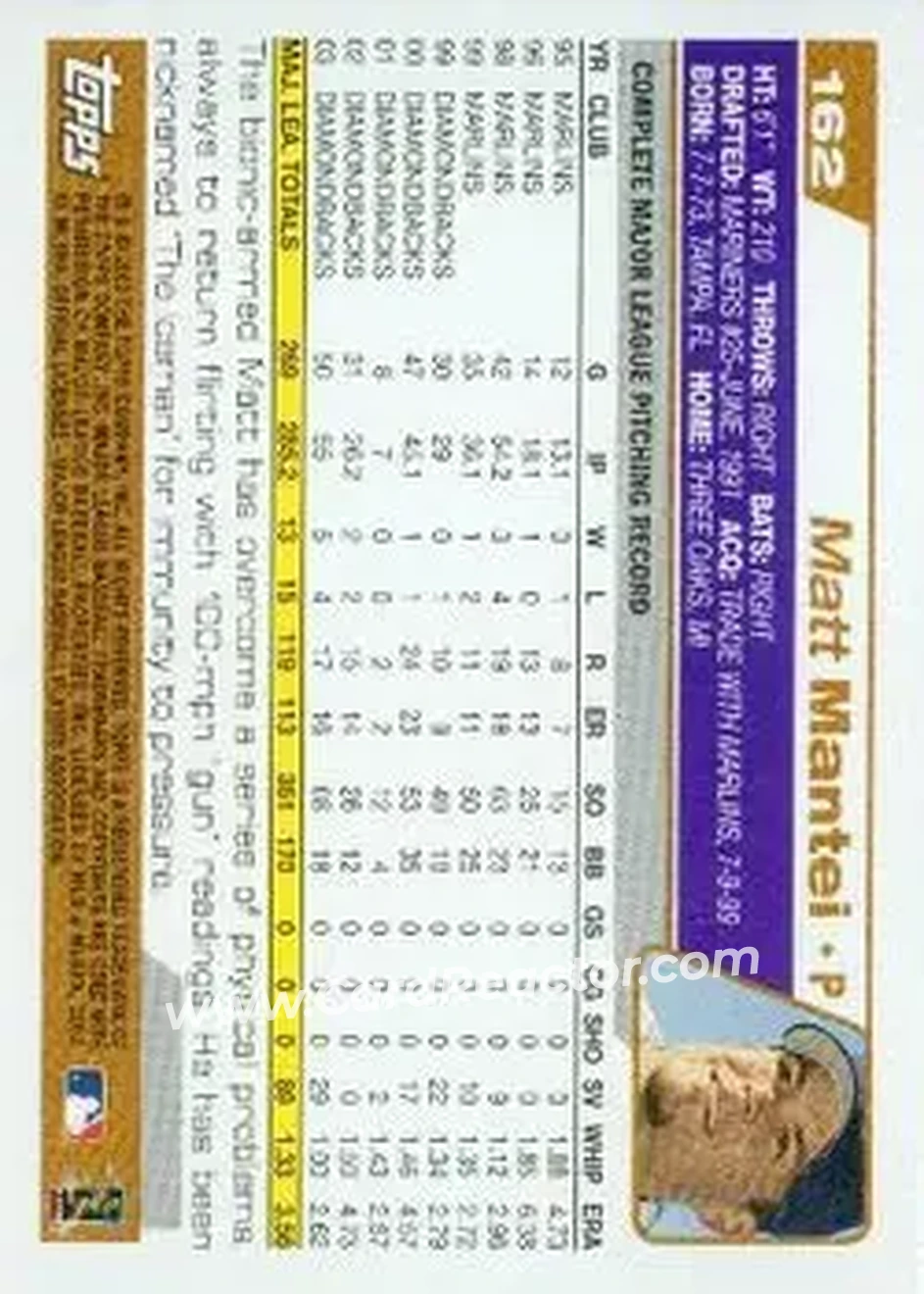 2004 Topps #162 - Matt Mantei - Arizona Diamondbacks - Back