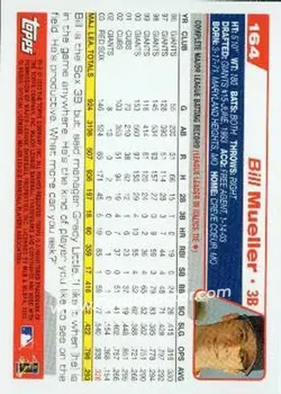 2004 Topps #164 - Bill Mueller - Boston Red Sox - Back