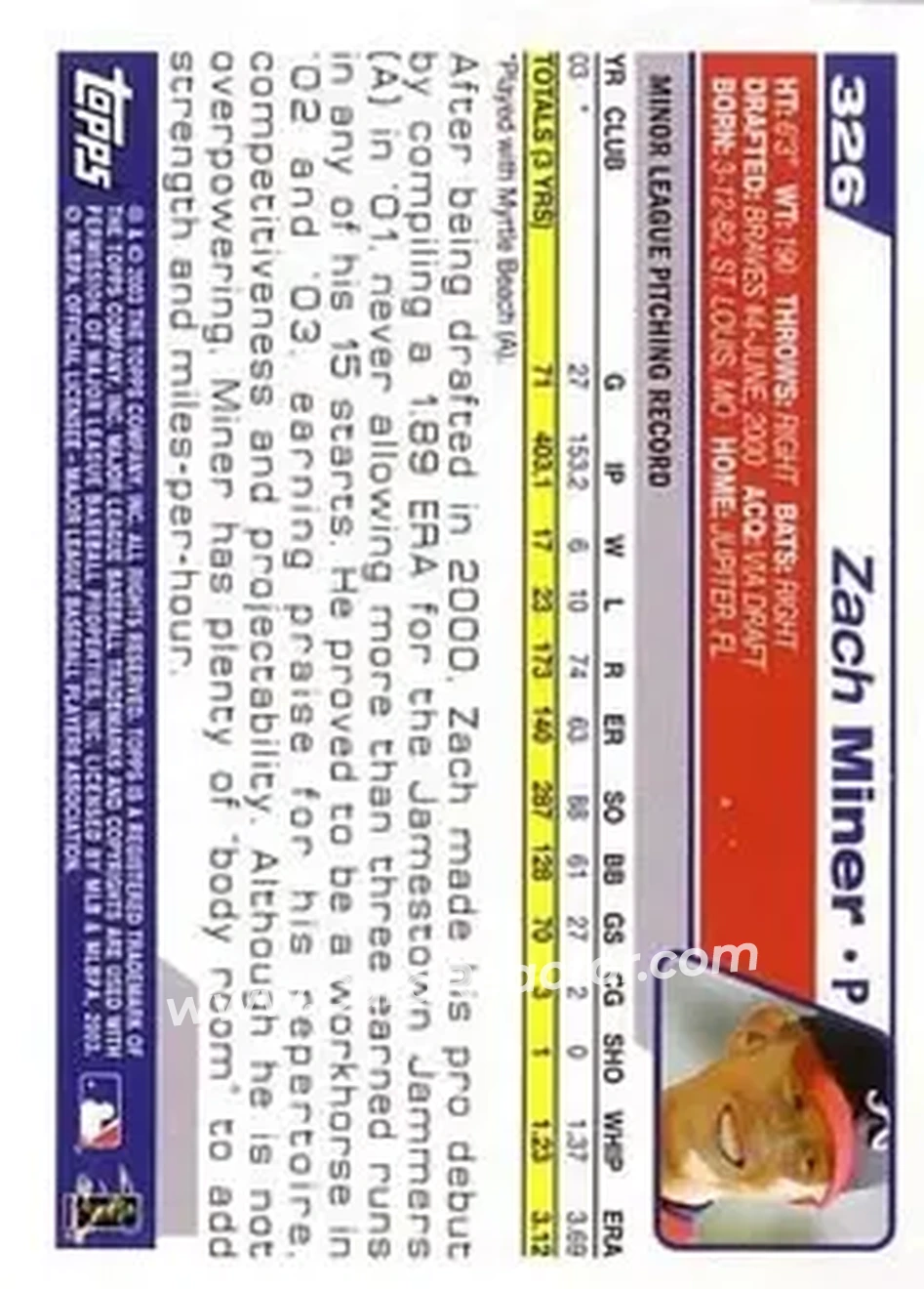 2004 Topps #326 - Zach Miner - Atlanta Braves - Back 2004 Topps #326 - Zach Miner - Atlanta Braves - Back
