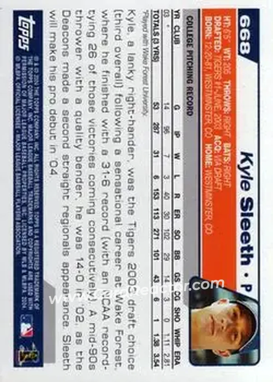 2004 Topps #668 - Kyle Sleeth - Detroit Tigers - Back