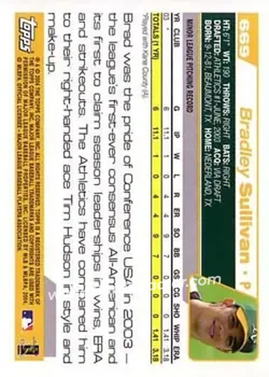 2004 Topps #669 - Brad Sullivan - Oakland Athletics - Back