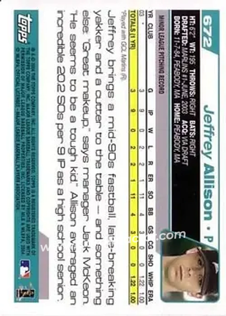 2004 Topps #672 - Jeff Allison - Florida Marlins - Back