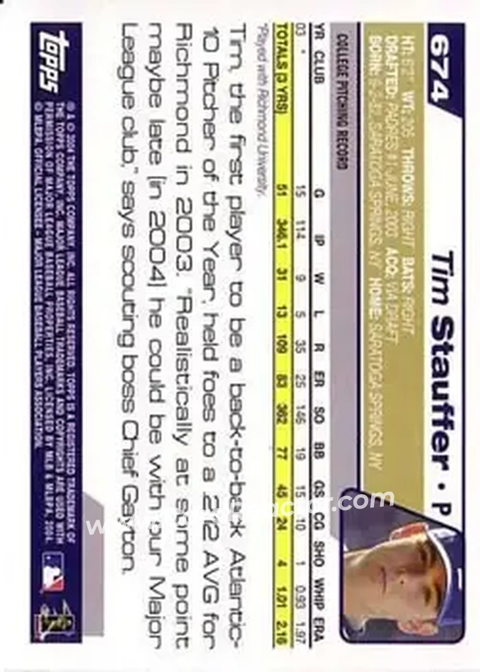 2004 Topps #674 - Tim Stauffer - San Diego Padres - Back