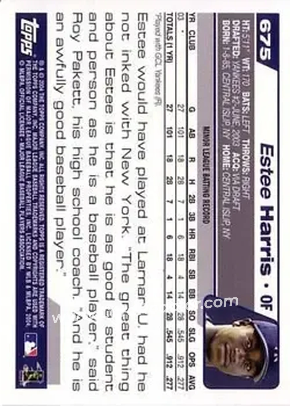 2004 Topps #675 - Estee Harris - New York Yankees - Back