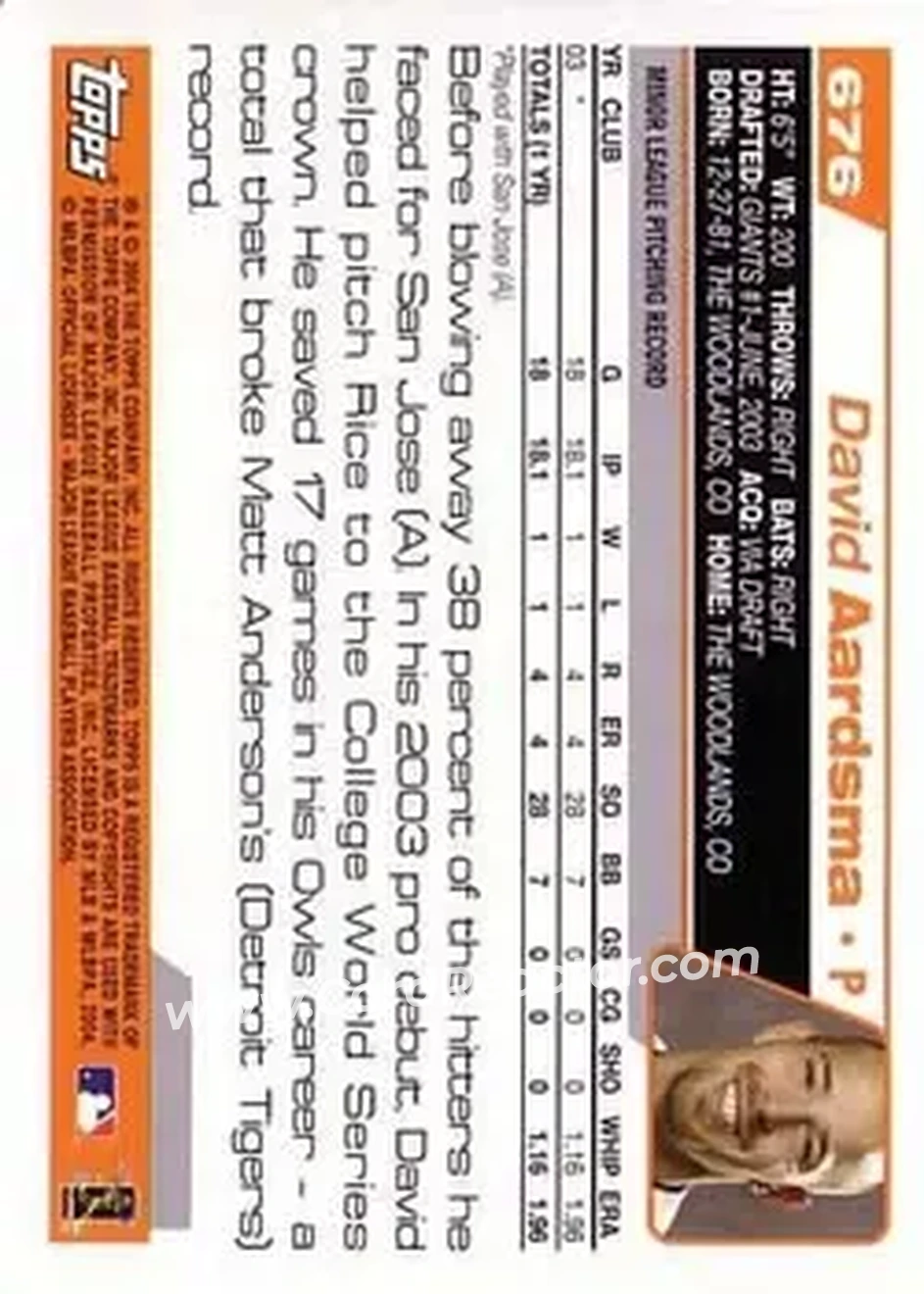 2004 Topps #676 - David Aardsma - San Francisco Giants - Back 2004 Topps #676 - David Aardsma - San Francisco Giants - Back