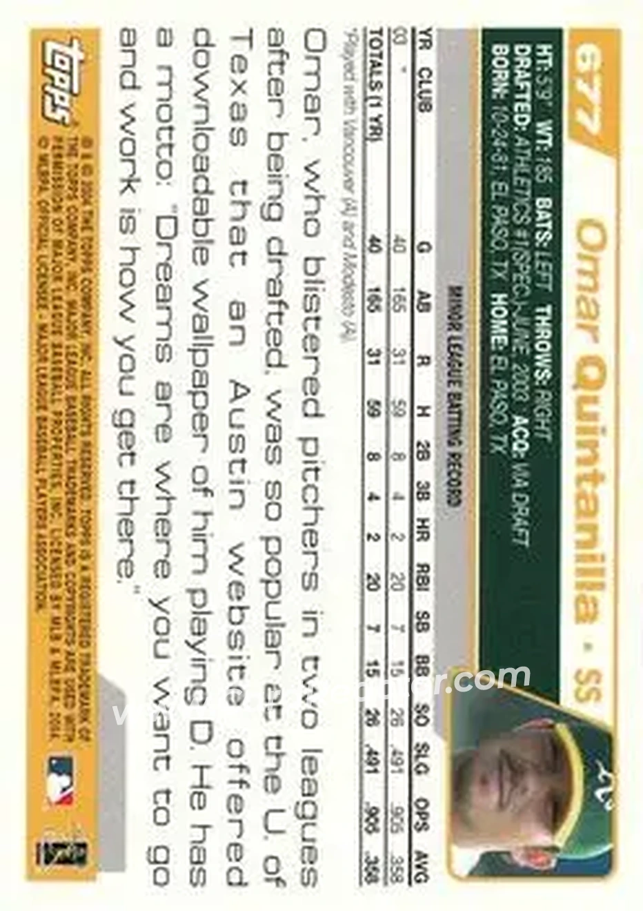 2004 Topps #677 - Omar Quintanilla - Oakland Athletics - Back
