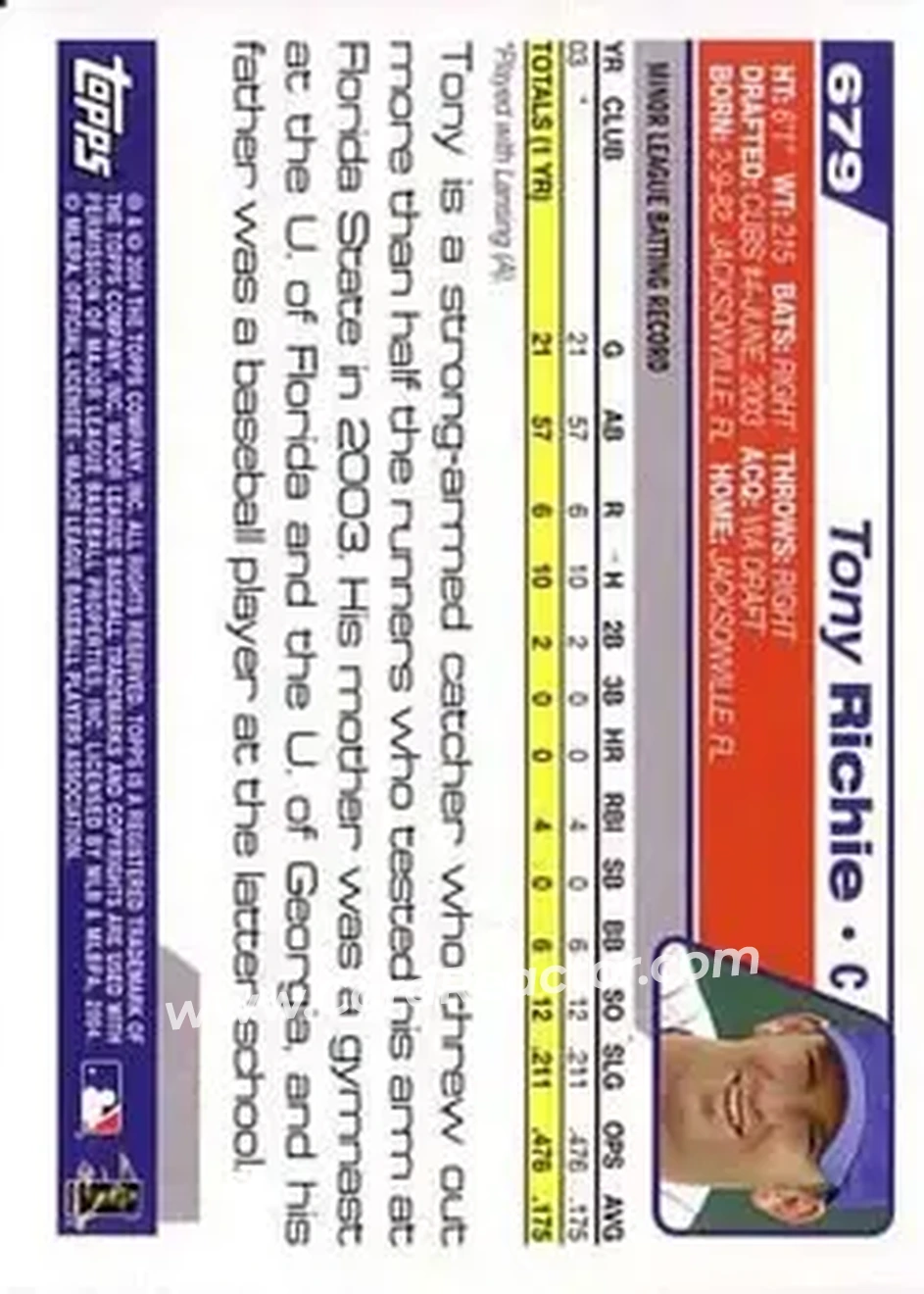 2004 Topps #679 - Tony Richie - Chicago Cubs - Back