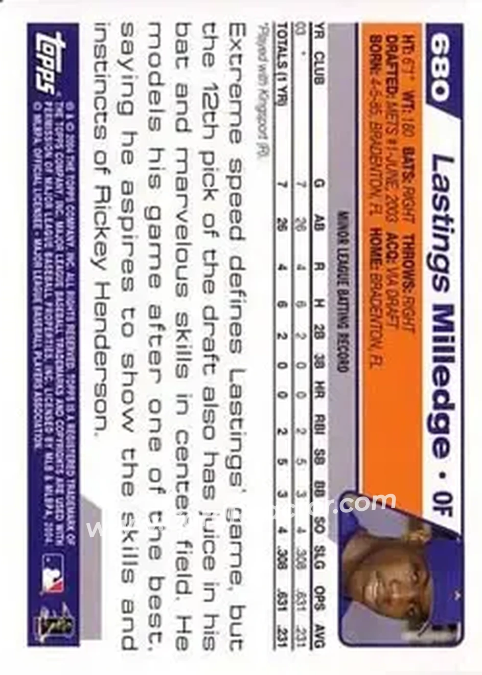 2004 Topps #680 - Lastings Milledge - New York Mets - Back