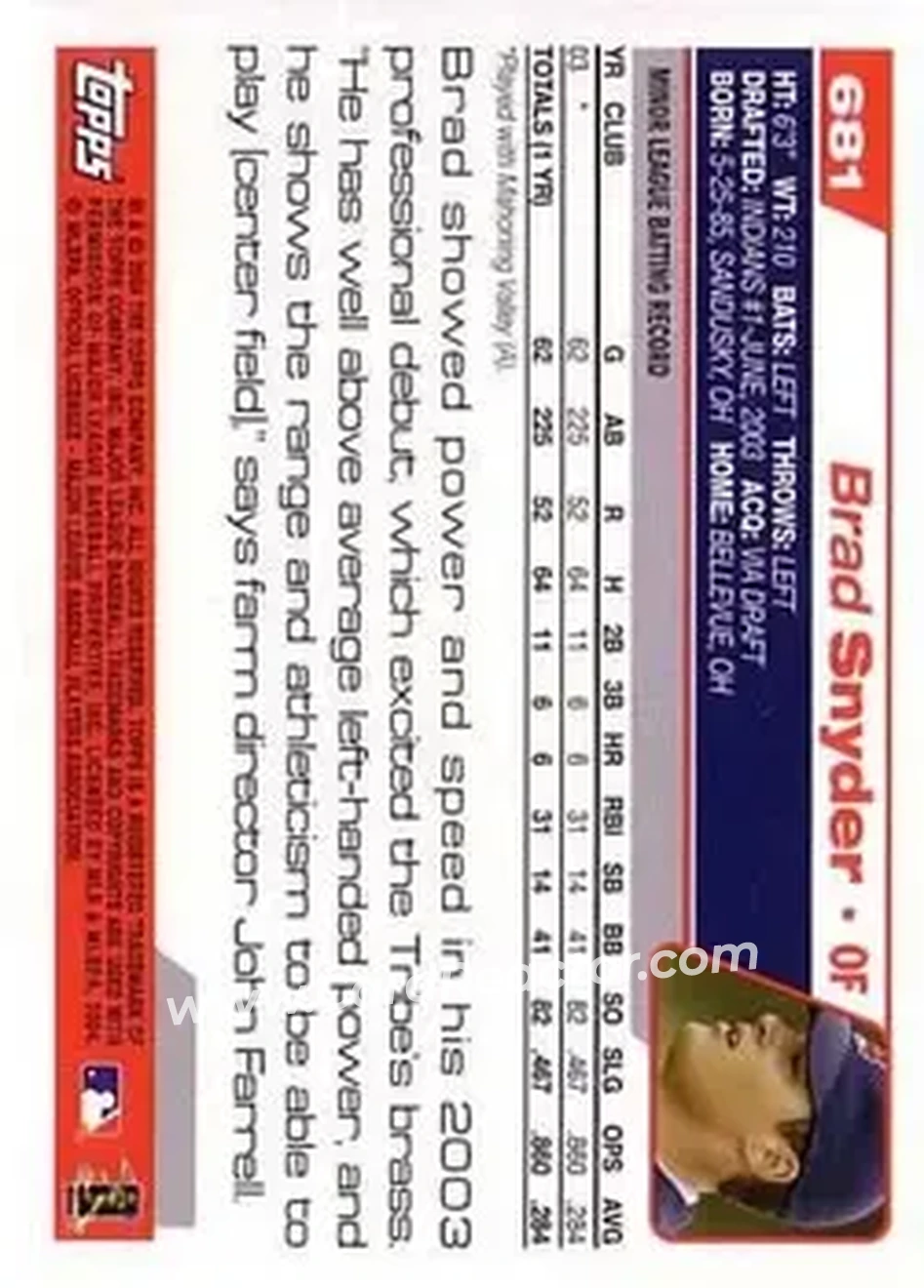2004 Topps #681 - Brad Snyder - Cleveland Indians - Back 2004 Topps #681 - Brad Snyder - Cleveland Indians - Back