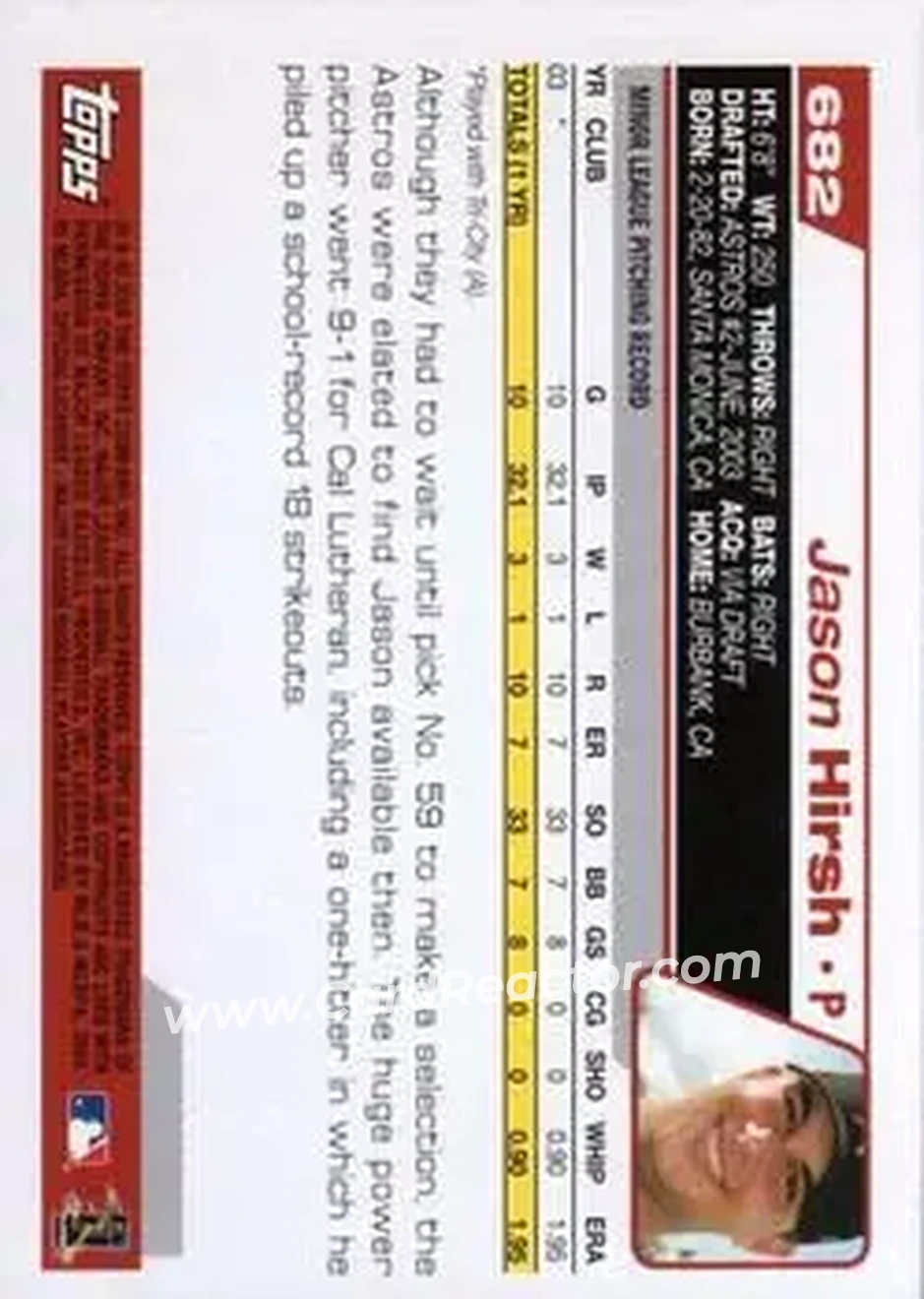 2004 Topps #682 - Jason Hirsh - Houston Astros - Back