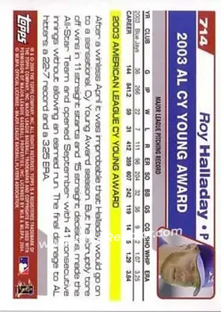 2004 Topps #714 - Roy Halladay - Toronto Blue Jays - Back