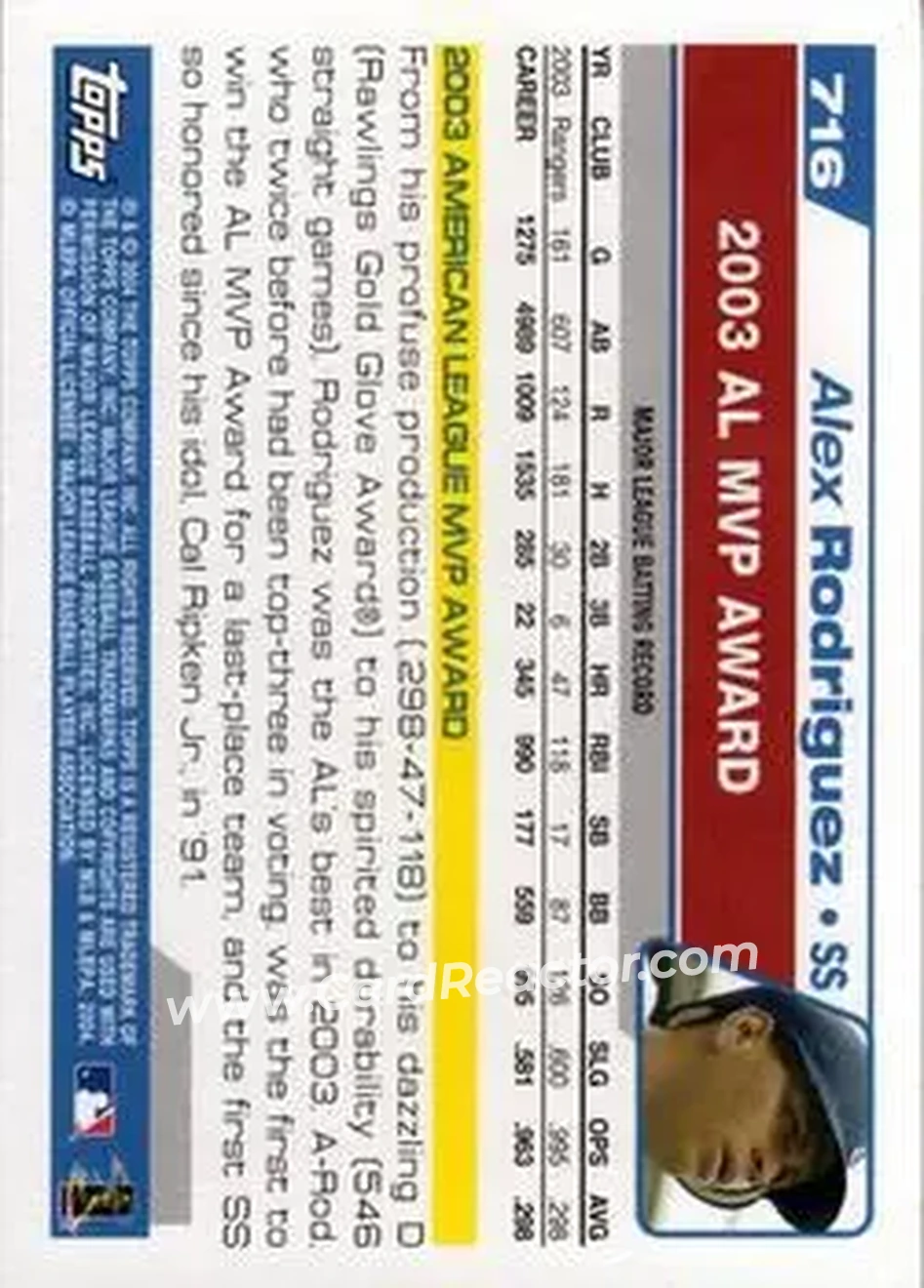 2004 Topps #716 - Alex Rodriguez - Texas Rangers - Back