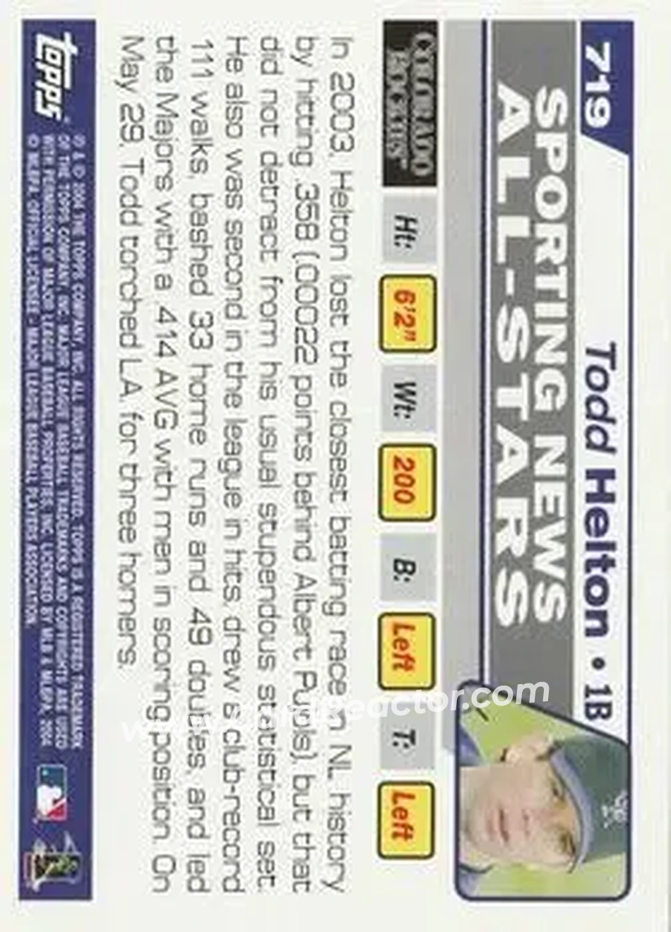 2004 Topps #719 - Todd Helton - Colorado Rockies - Back