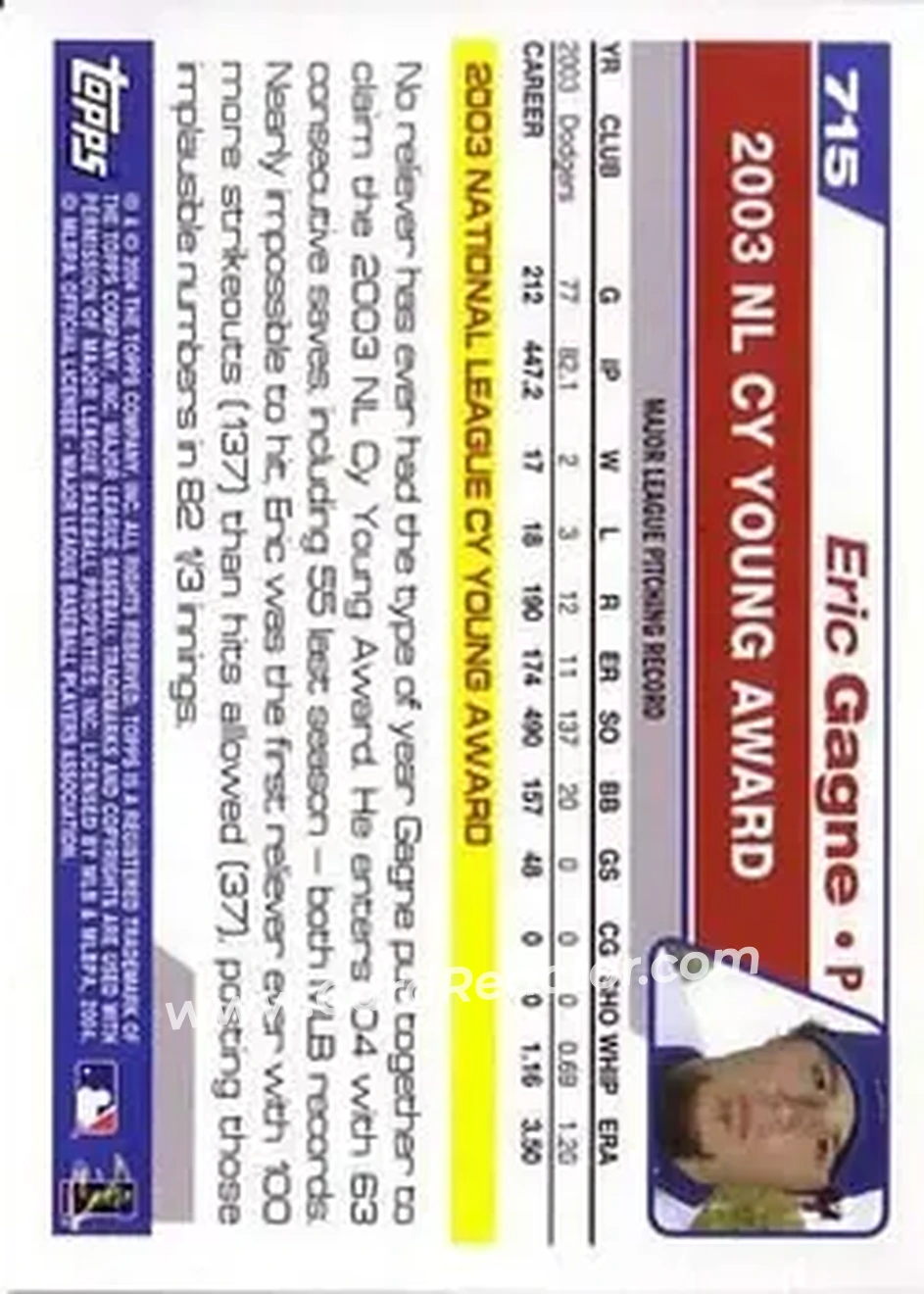 2004 Topps #715 - Eric Gagne - Los Angeles Dodgers - Back 2004 Topps #715 - Eric Gagne - Los Angeles Dodgers - Back