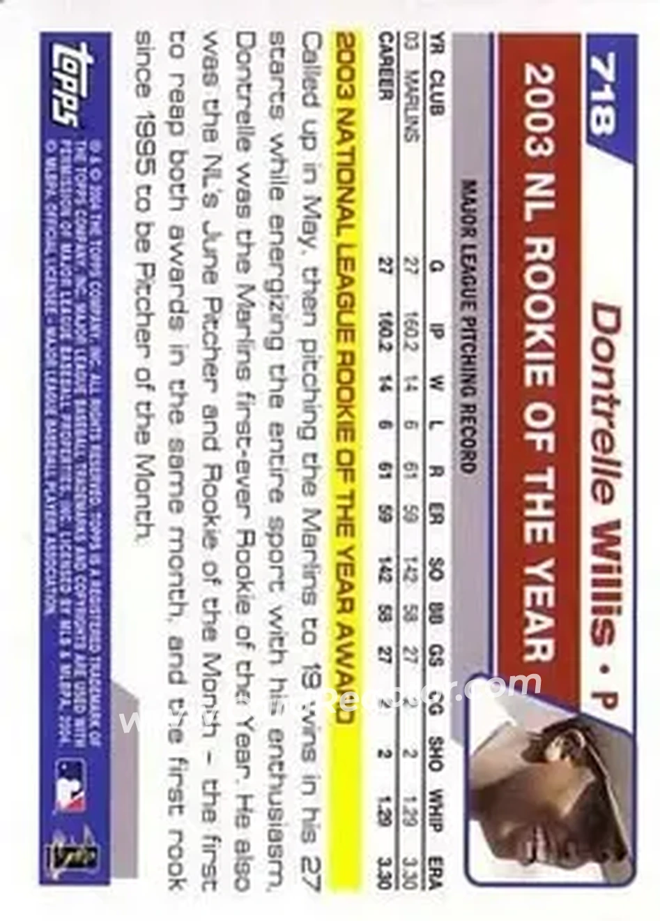 2004 Topps #718 - Dontrelle Willis - Florida Marlins - Back 2004 Topps #718 - Dontrelle Willis - Florida Marlins - Back