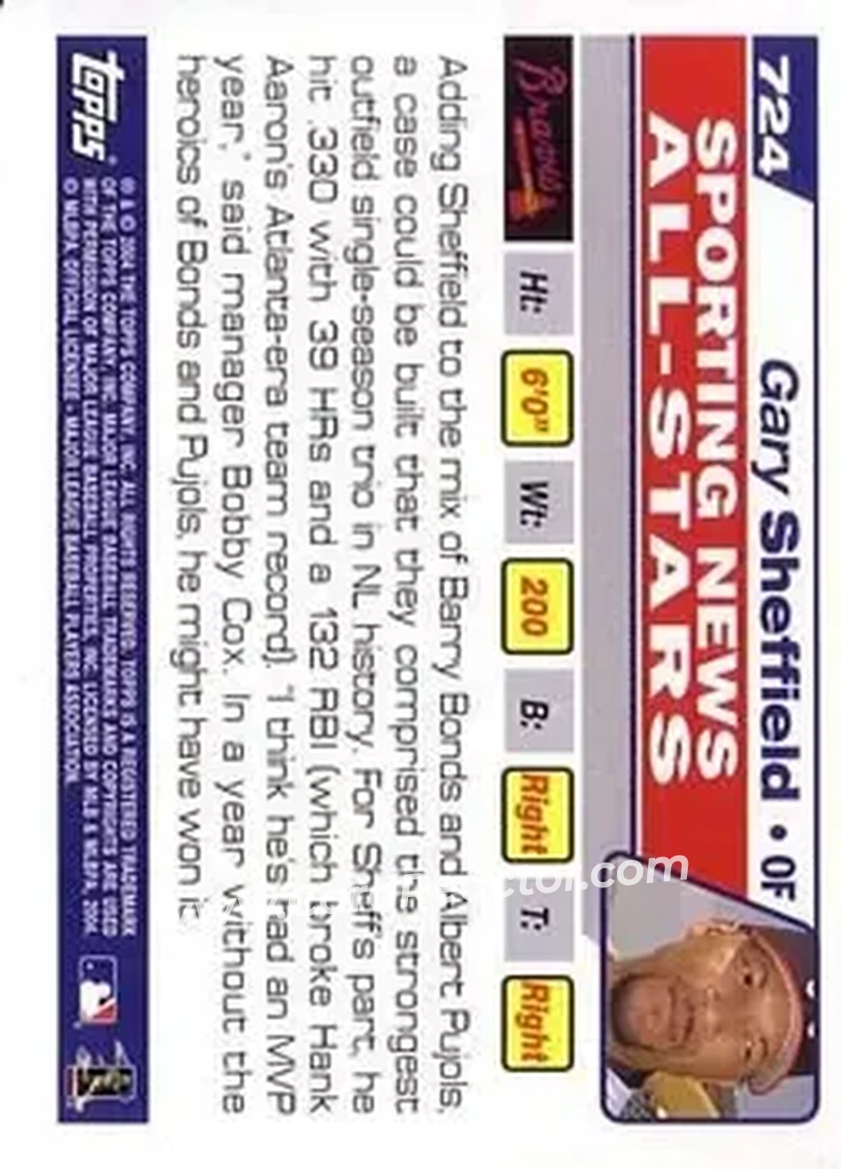 2004 Topps #724 - Gary Sheffield - Atlanta Braves - Back