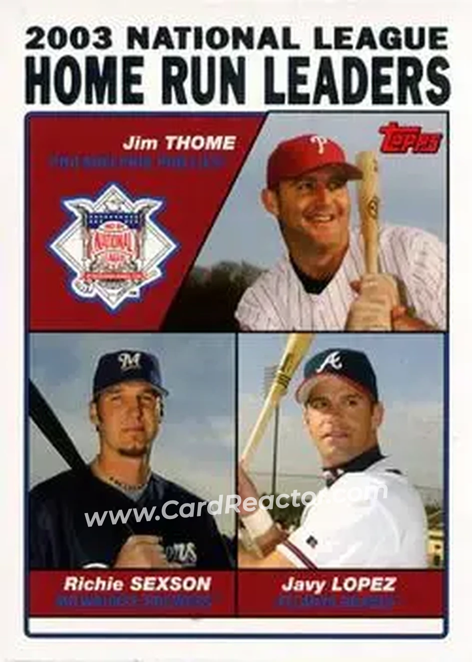 2004 Topps #345 - 2003 National League Home Run Leaders (Jim Thome - Richie Sexson - Javy Lopez) - Front