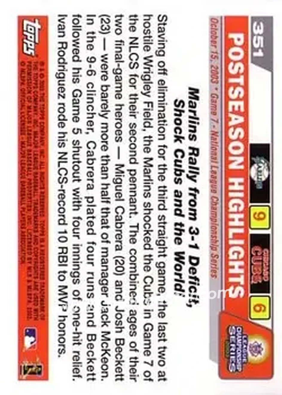 2004 Topps #351 - Marlins Shock The World! (Josh Beckett - Miguel Cabrera - Ivan Rodriguez) - Florida Marlins - Back