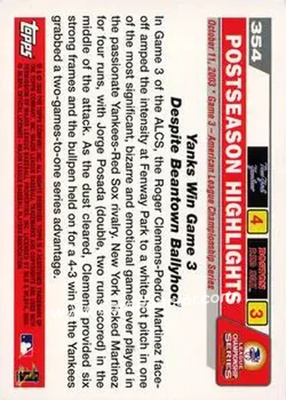 2004 Topps #354 - The Rivalry Intensifies! (Pedro Martinez - Jorge Posada - Roger Clemens) - Back