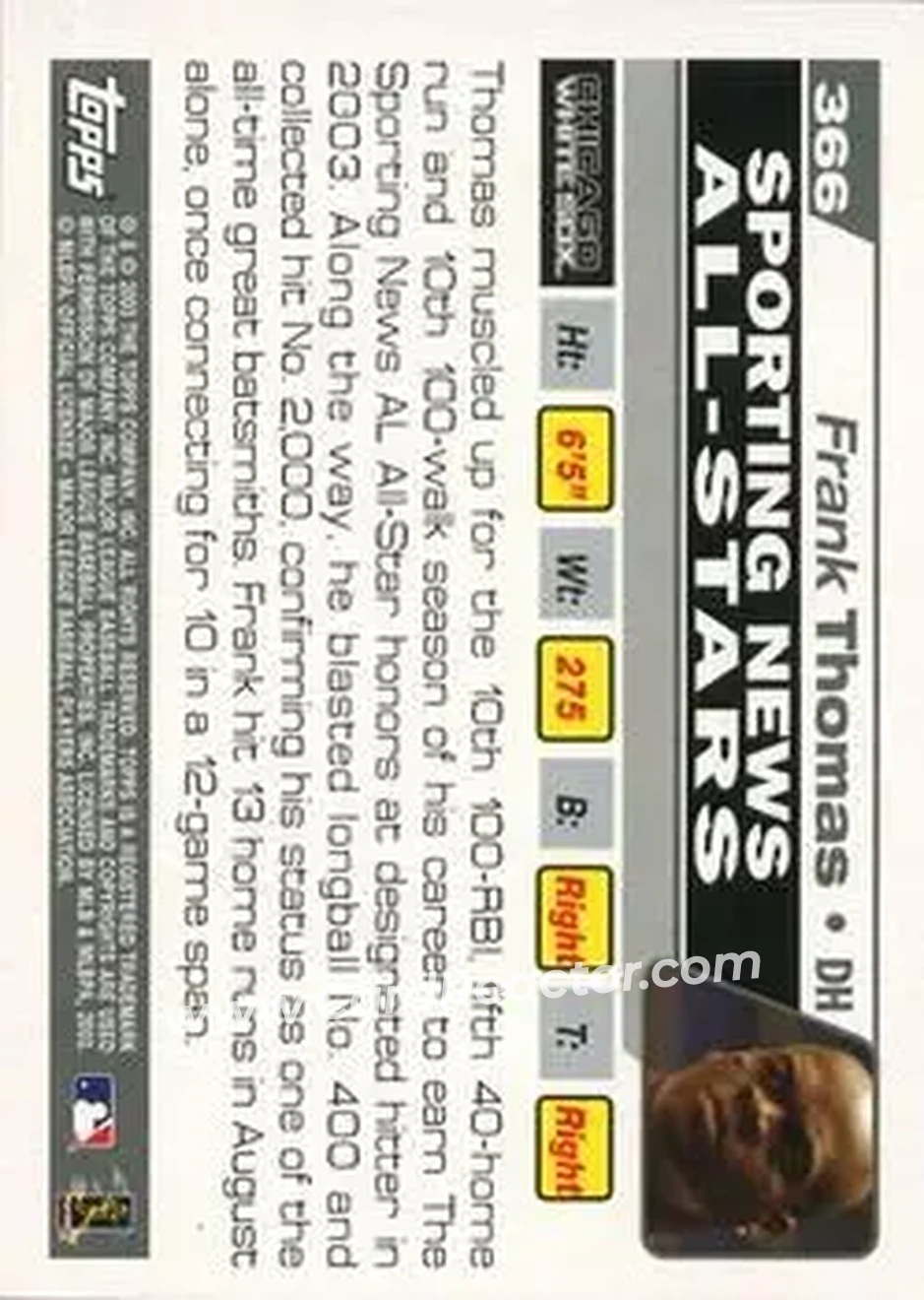 2004 Topps #366 - Frank Thomas - Chicago White Sox - Back 2004 Topps #366 - Frank Thomas - Chicago White Sox - Back