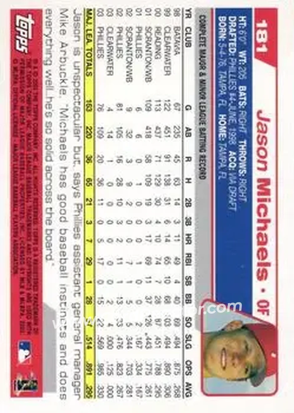 2004 Topps #181 - Jason Michaels - Philadelphia Phillies - Back