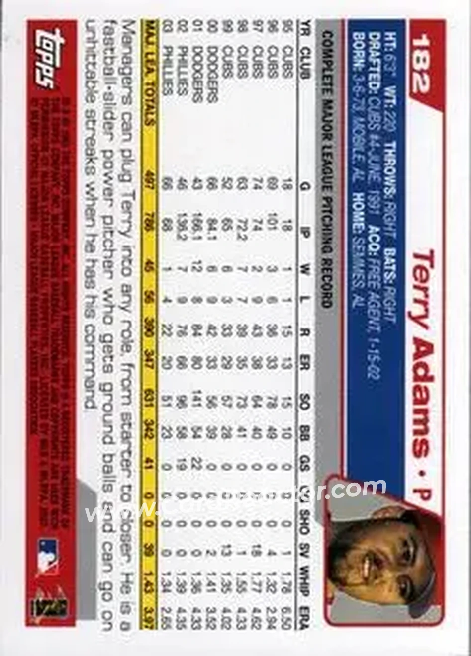 2004 Topps #182 - Terry Adams - Philadelphia Phillies - Back