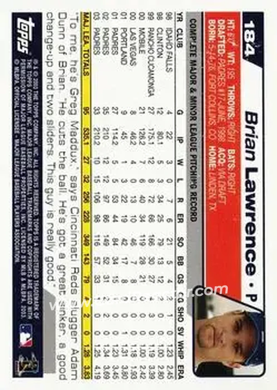 2004 Topps #184 - Brian Lawrence - San Diego Padres - Back 2004 Topps #184 - Brian Lawrence - San Diego Padres - Back