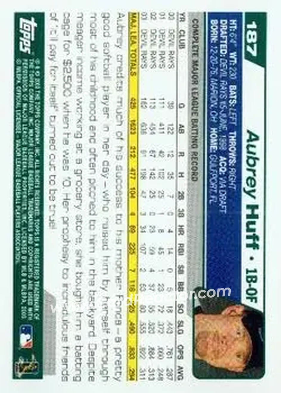 2004 Topps #187 - Aubrey Huff - Tampa Bay Devil Rays - Back