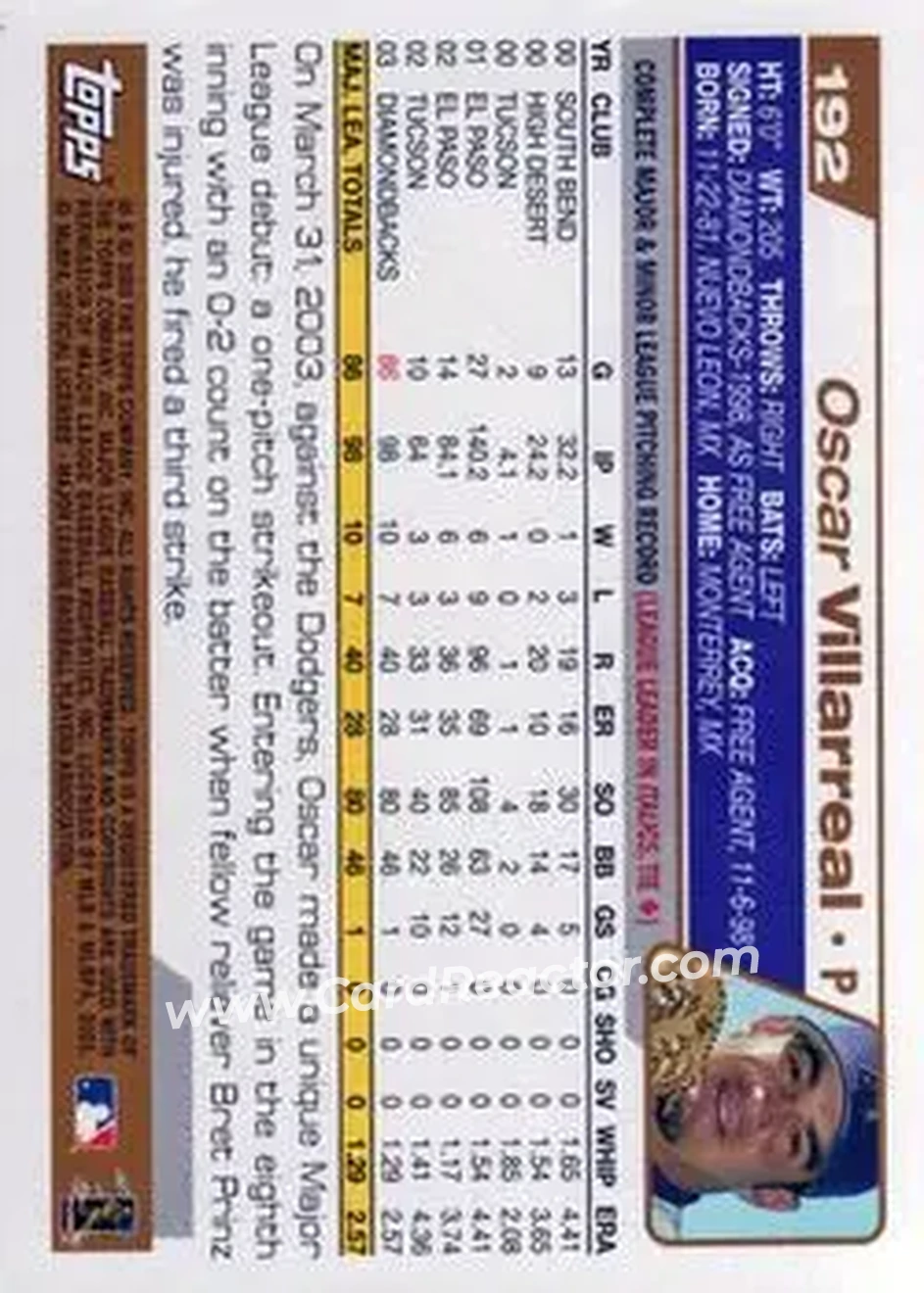 2004 Topps #192 - Oscar Villarreal - Arizona Diamondbacks - Back