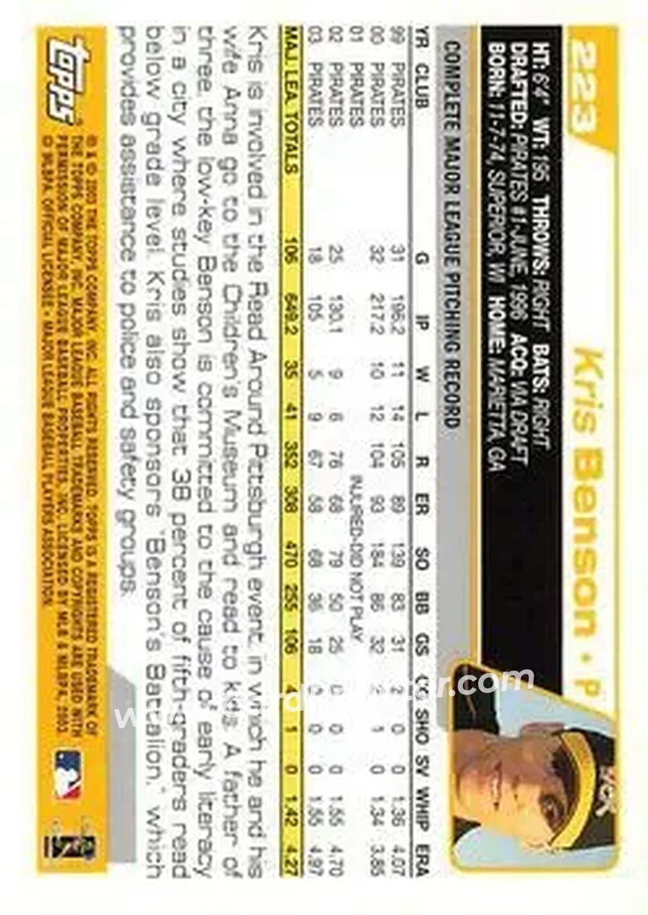 2004 Topps #223 - Kris Benson - Pittsburgh Pirates - Back